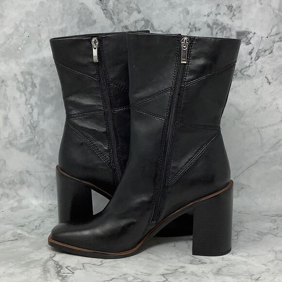 Franco Sarto 10M Black Leather Stevie Mid Calf Boot Square Toe Block Heel M29-14 - Picture 4 of 10
